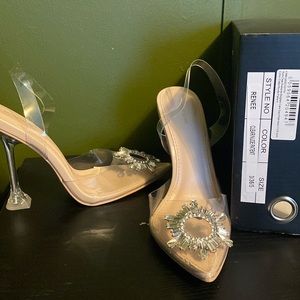 Nude , diamanté, perspex heels from PrettyLittleThing. Cake  stand heel .